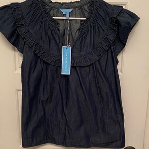 Draper James Navy Denim Ruffle Flutter Sleeve Blouse NWT